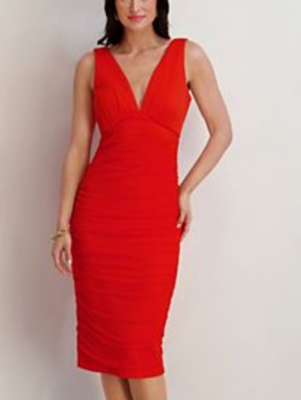 VENUS Sleeveless Ruched V-Neck Midi Dress in Bright Orange